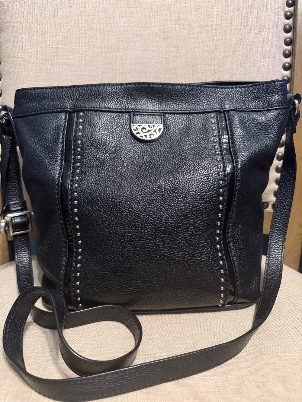 Brighton Black Studded Leather Crossbody Shoulder Bag